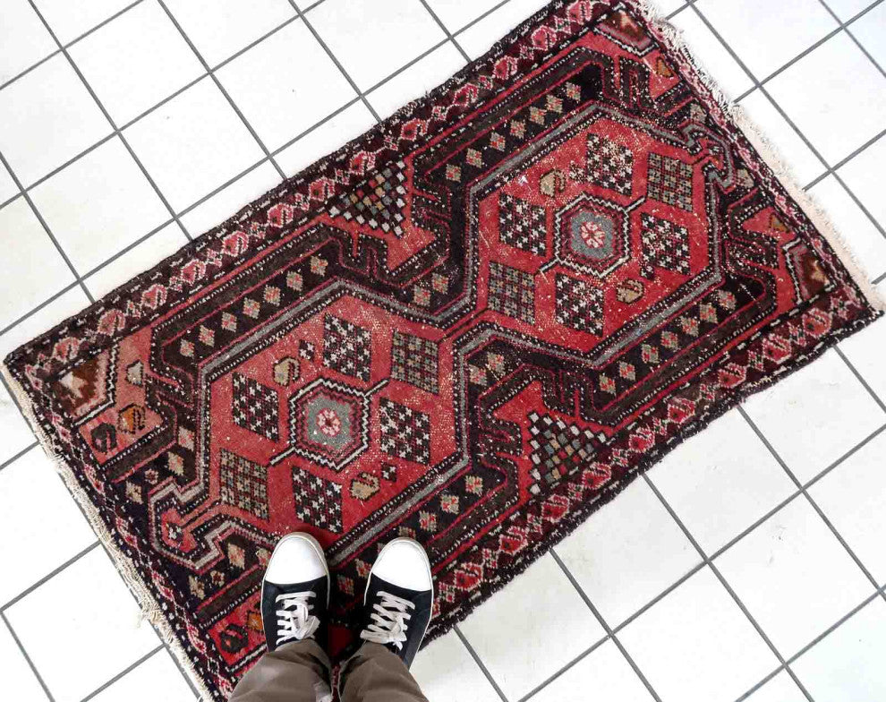 Handmade Vintage Persian Hamadan Rug 2.5'x4.2', 78cmx131cm, 1950s