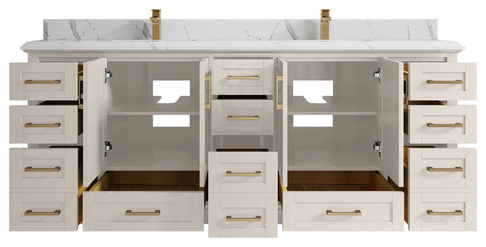Boston 84" Double Sink Bath Vanity in Fine Grain 1.5" Calacatta Laza