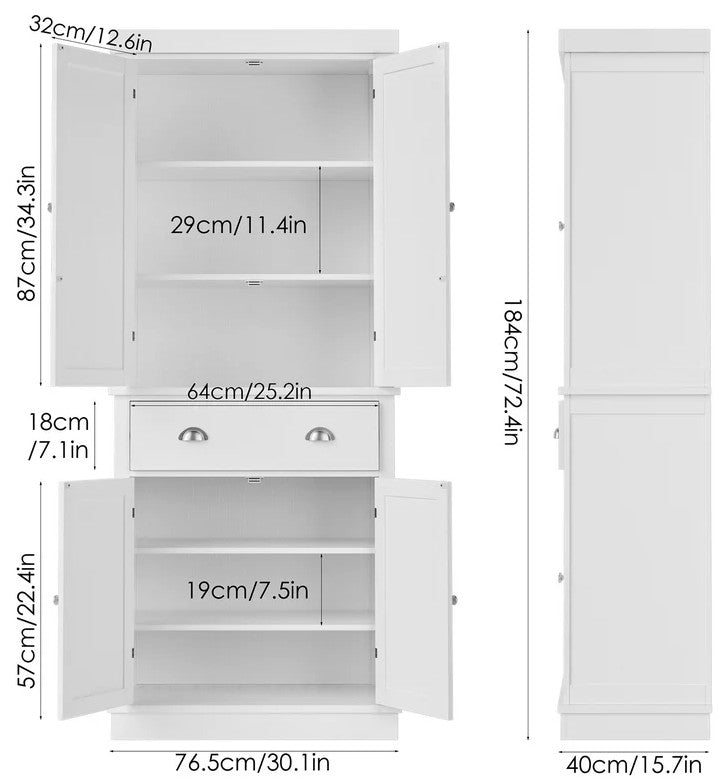 Elegant Pantry Cabinet, Wide Storage Drawer & 4 Paneled Doors With Inner Shelves