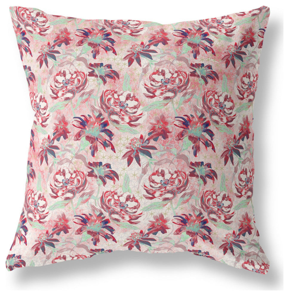 20" Red White Roses Indoor Outdoor Throw Pillow