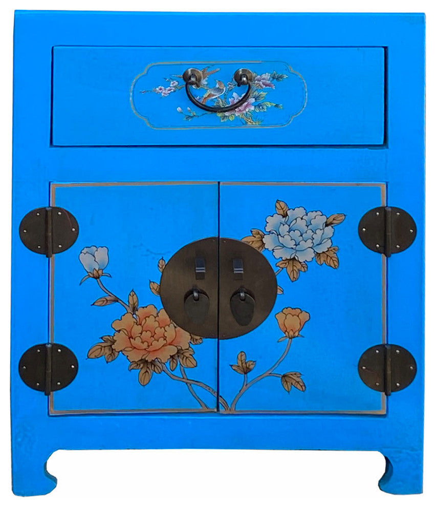 Chinese Bright Blue Vinyl Moon Face Flower Birds End Table Nightstand Hcs7131