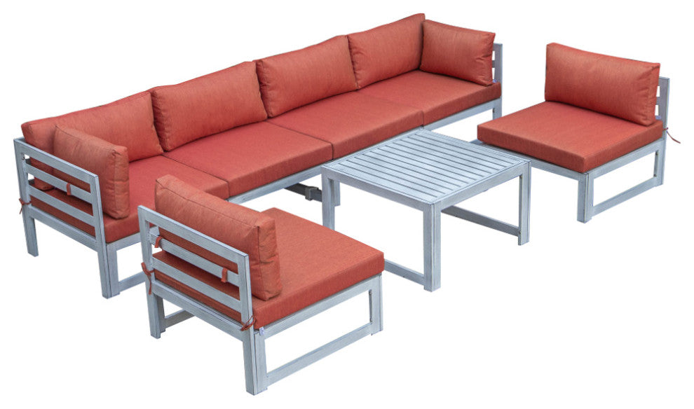 LeisureMod Chelsea 7-Piece Gray Patio Sectional With Coffee Table, Orange