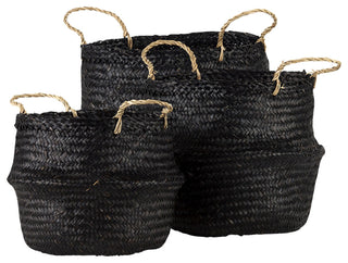 Ella Black Seagrass Baskets With Light Brown Handles, 3-Piece Set