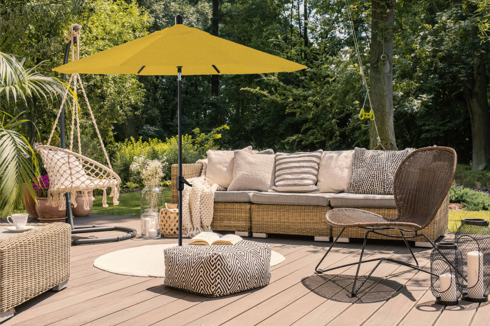 9' Round Push Tilt Market Umbrella, Black Frame, Sunbrella, Sunflower Yellow