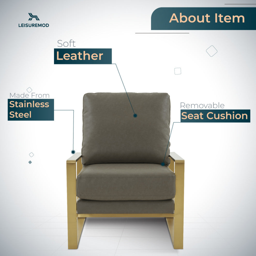 LeisureMod Jefferson Faux Leather Accent Armchair With Gold Frame, Grey