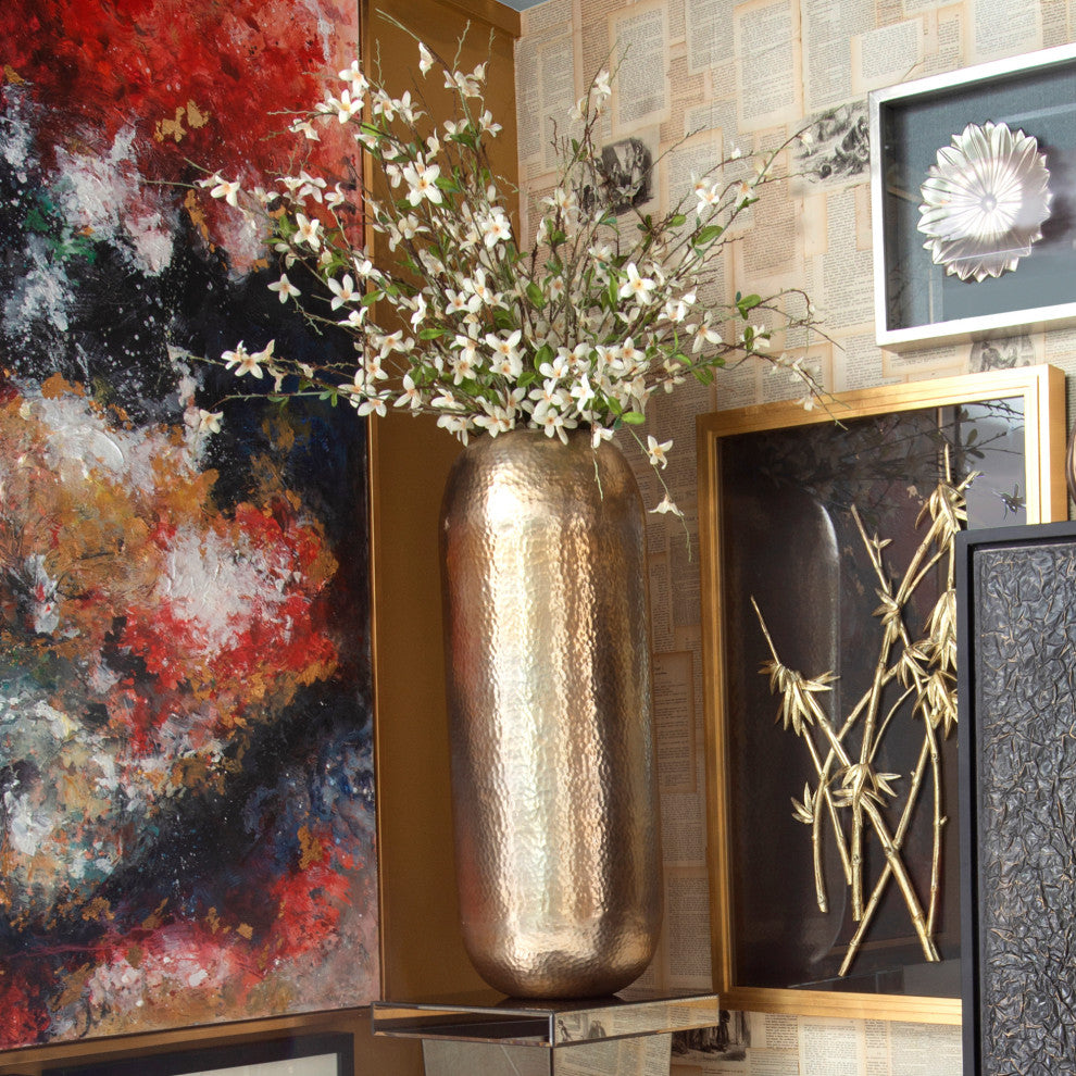Howard Elliott Oversized Metal Cylinder Vase with Hammered Silver Finish, Large