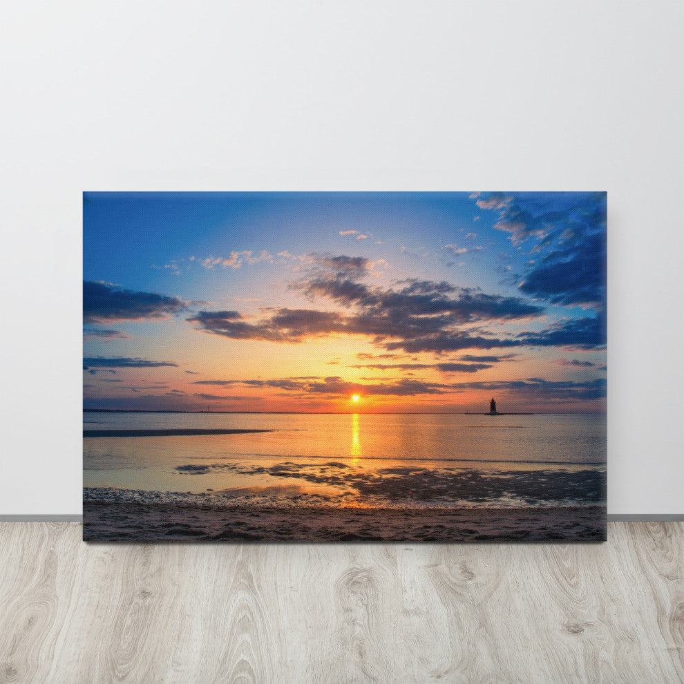 Sunset at Breakwater Lighthouse Coastal Landscape Photo Canvas Print, 24" X 36"