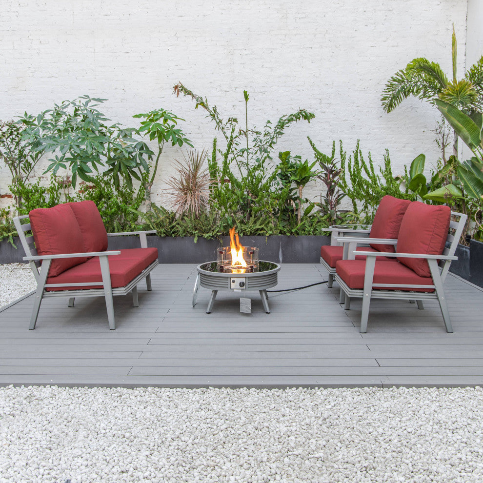 LeisureMod Walbrooke Patio Sofa Set With Round Fire Pit Table, Red