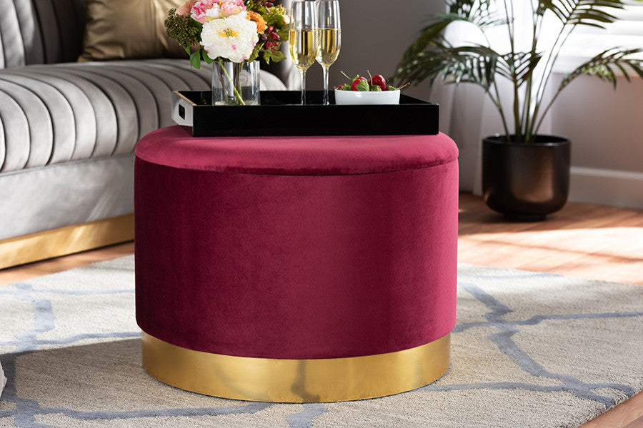 Marisa Glam and Luxe Red Velvet Fabric Upholstered Gold Finished Storage Ottoman