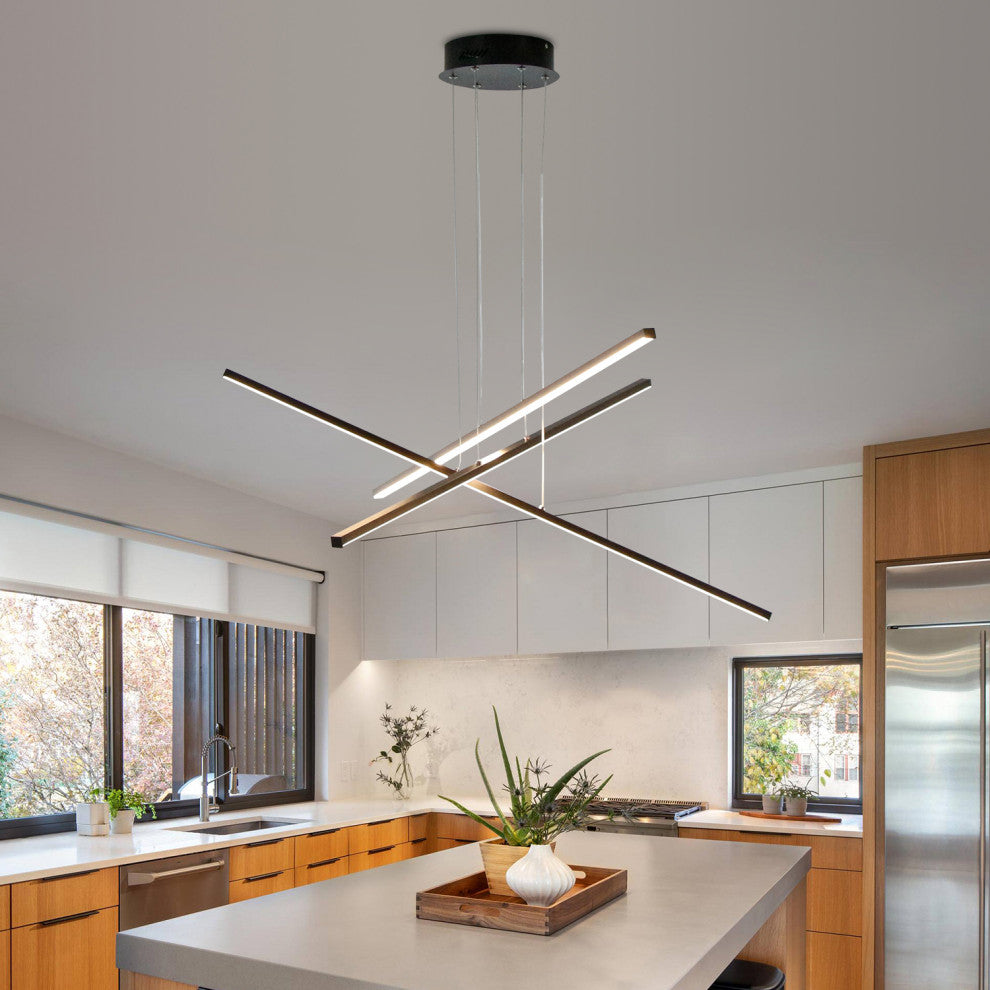 LED Modern Line Pendant Light Dimming, Remote, Aluminum Light, Black, 3 Lights