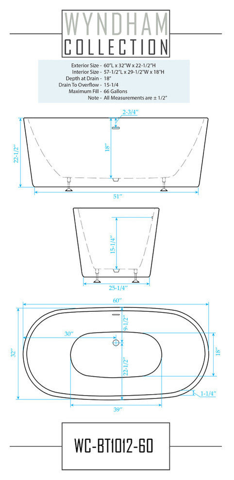 60" Freestanding Bathtub, White, With Faucet