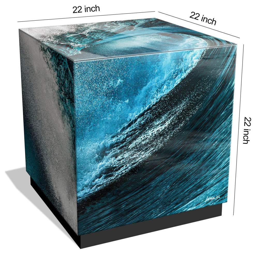 "Sapphire Sea" Printed Beveled Art Glass Table, Black Base, 22" X 22" X 22"