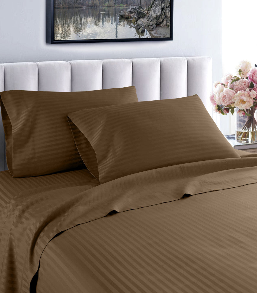 600 Thread Count 100% Cotton Stripe Sheet Set, Brown, Twin
