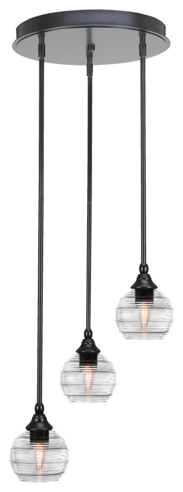 Empire 3-Light Cluster Pendalier, Matte Black/Clear Ribbed
