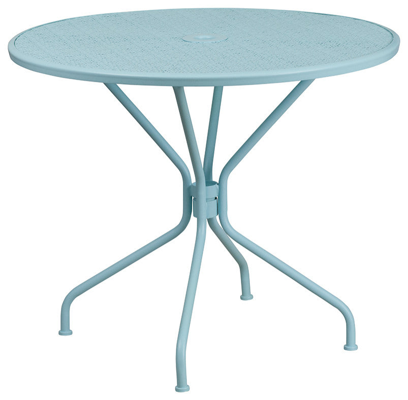 35.25'' Round Indoor-Outdoor Steel Patio Table and 2 Round Back Chairs, Blue