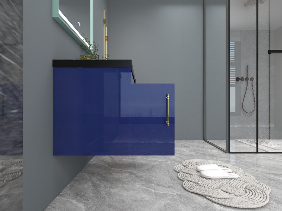 Rosa 36" Wall Mounted Modern Vanity, High Gloss Night Blue, Matt Black Top
