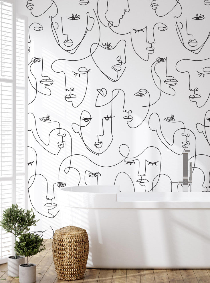 Minimalist Face Line Art Mural Peel and Stick Vinyl Wallpaper, Black, 24x108