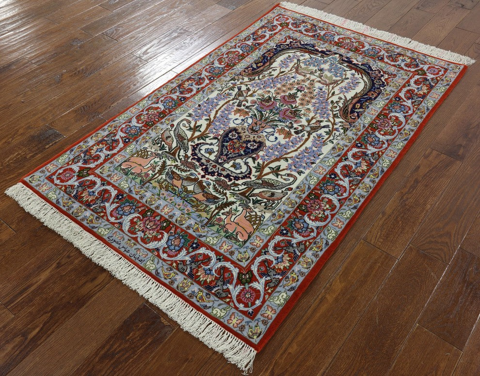 Signed Persian Isfahan Handmade Wool and Silk Authentic Rug, 4'x5'