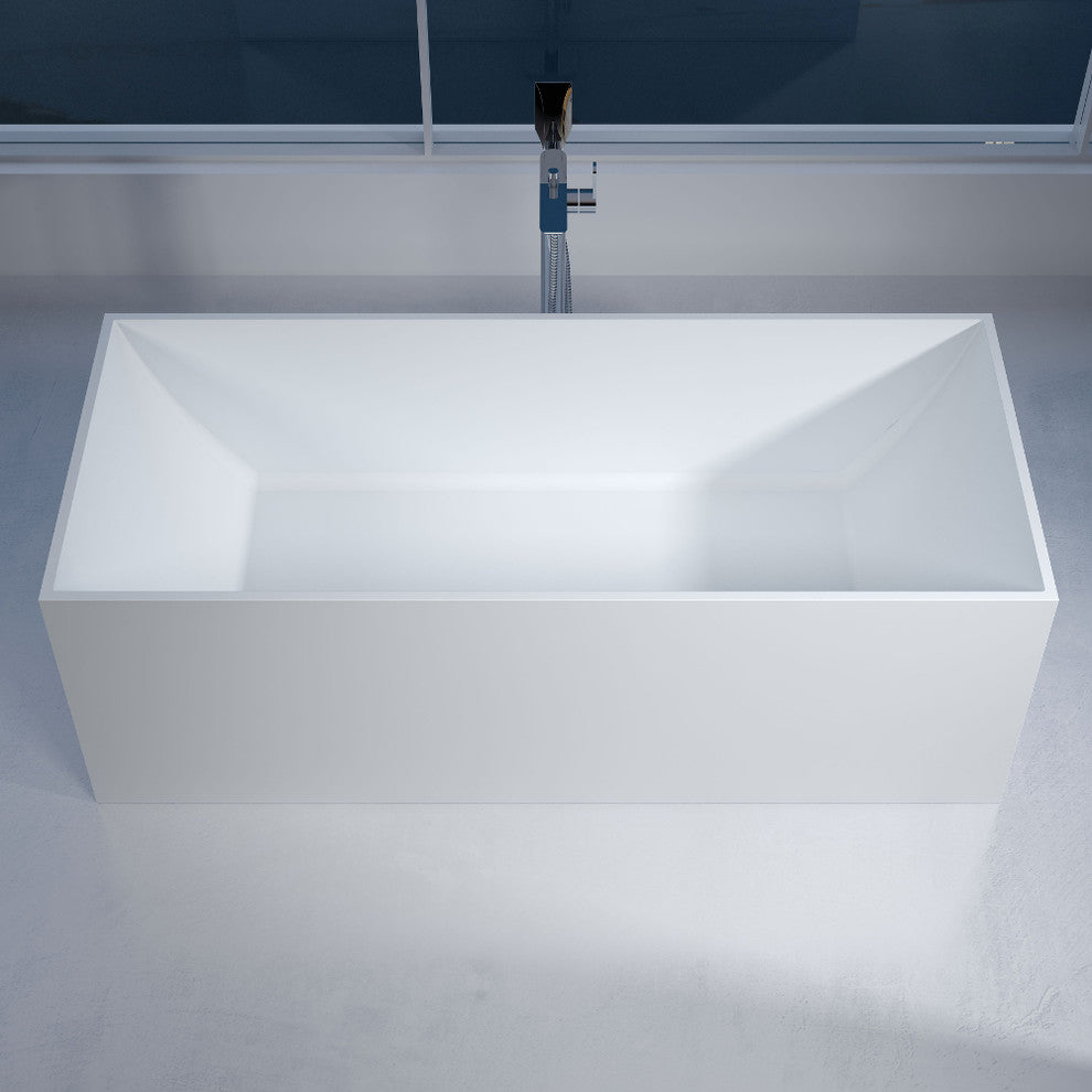 66" Polystone Rectangular Free-Standing Bathtub, Matte White, No Faucet