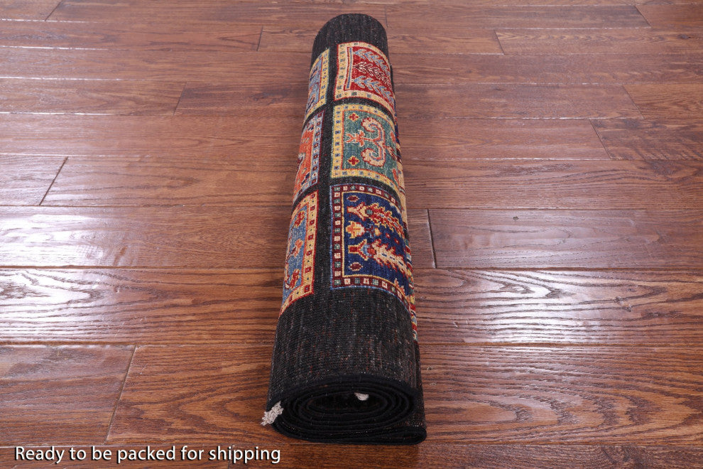 Handmade Persian Garden Design Black Wool Runner Rug 2' 7" X 6' 4 Q10683