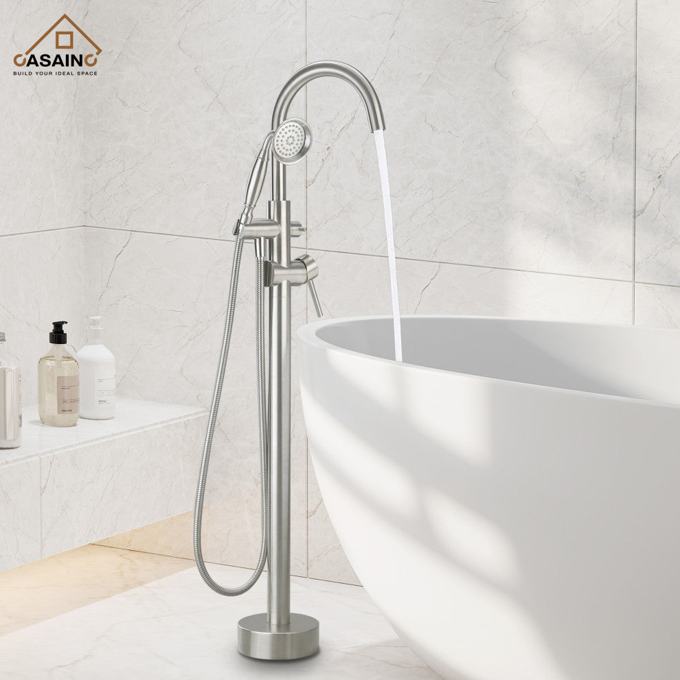 6 GPM Freestanding Bathtub Faucet with Hand Held Shower and Double Handle, Brushed Nickel
