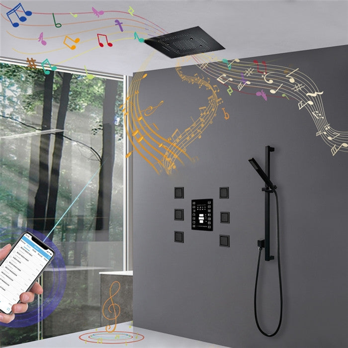 LED 23*31" Matte Black Remote Controlled Musical Shower System and 6 Body Jets