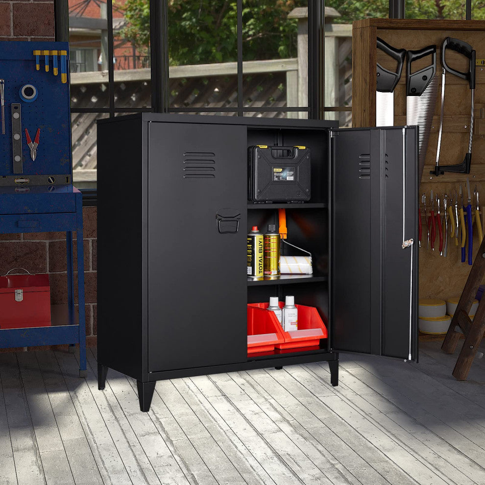 Metal Storage Cabinet, 2 Doors & 2 Shelves, 35.5", Black, With Legs