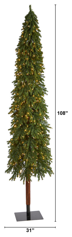 9' Grand Alpine Faux Xmas Tree W/600 Lights & Bendable Branches W/Natural Trunk