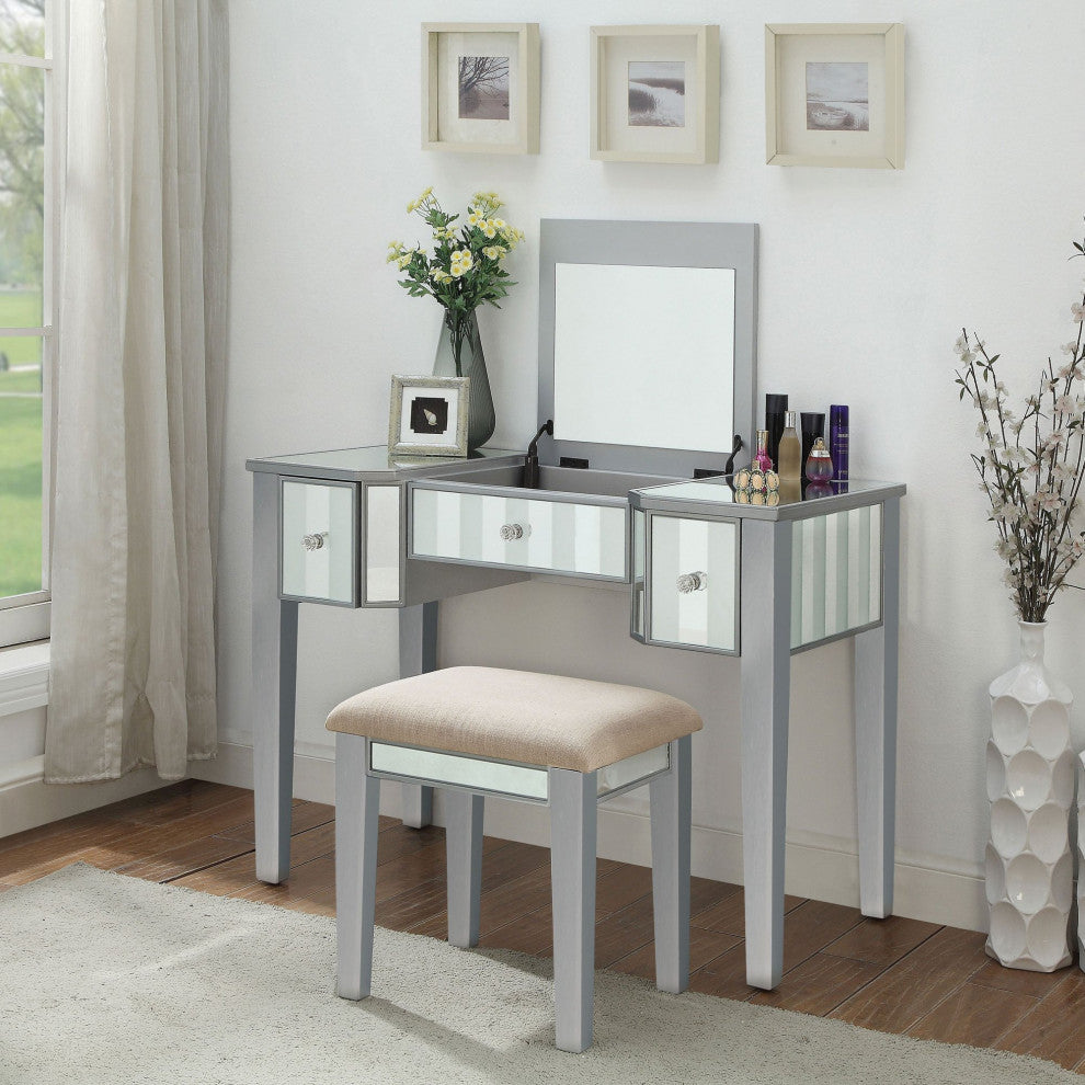 Unique Vanity Set, Mirrored Design With Liftable Tabletop With Mirror, Silver