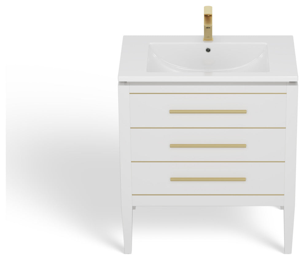 Celios Bathroom Vanity, White With Brass Trim, 30", Single Sink, Freestanding