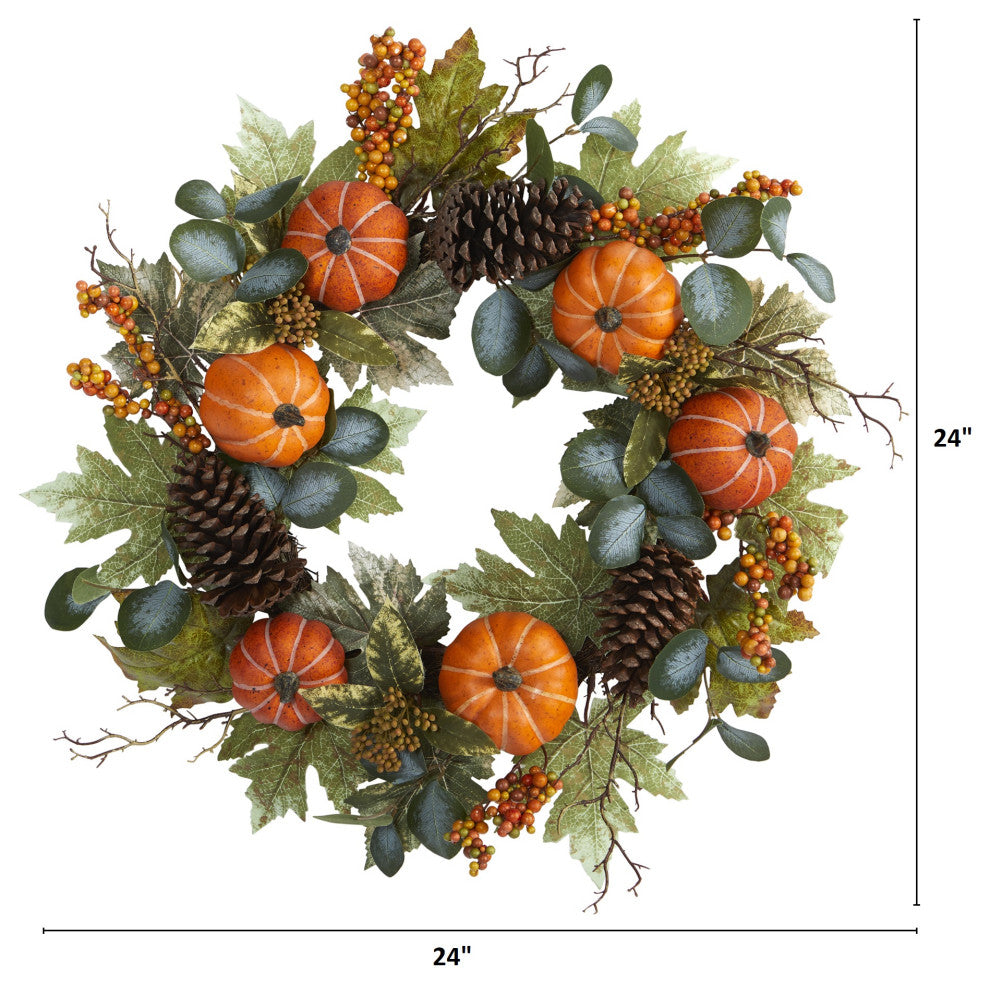 24" Pumpkins, Pine Cones and Berries Fall Artificial Wreath