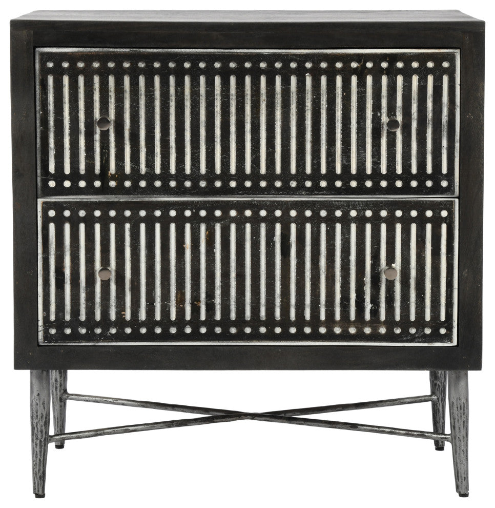 Sarah 2 Drawer Nightstand, Mango Solid Wood Antique Brown Finish on Iron Base