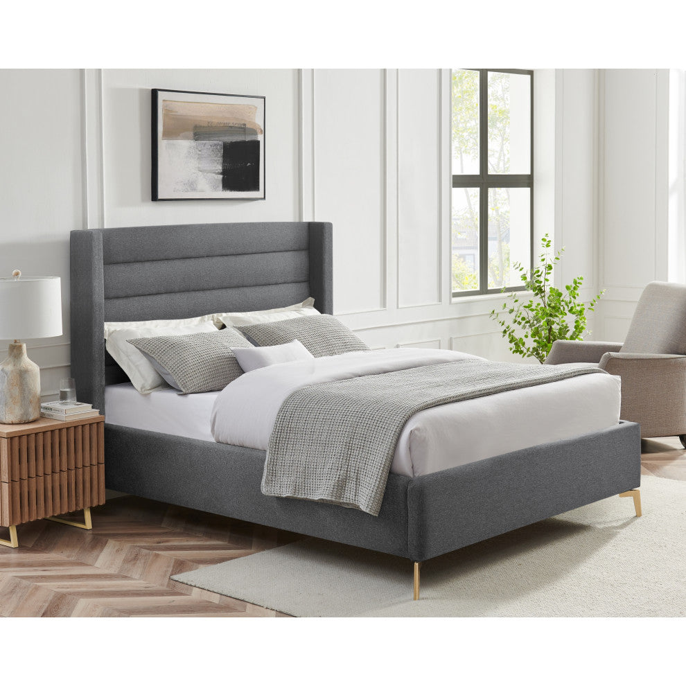 Inspired Home Alessio Bed, Upholstered,  Linen, Gray, King
