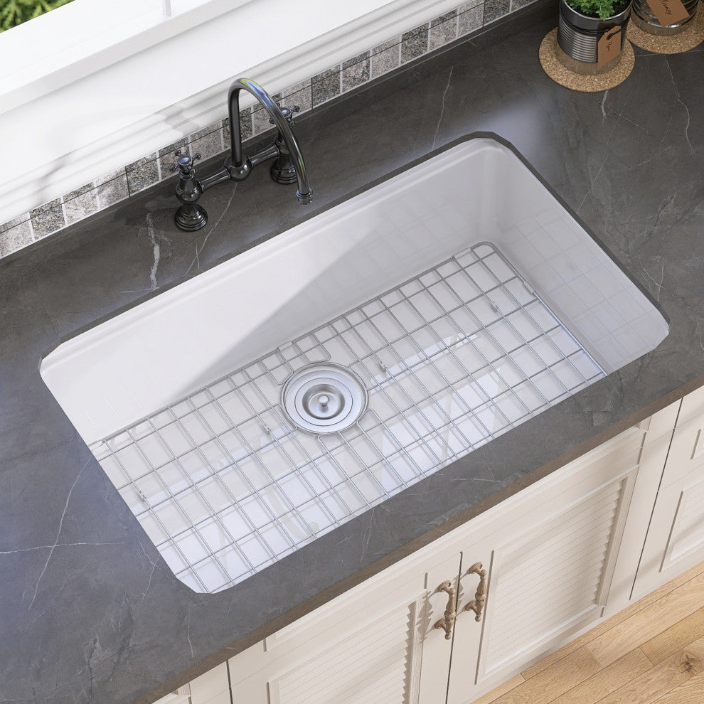 33"Lx22"W Drop-in/Undermount Farmhouse Fireclay Kitchen Sink With Accessories