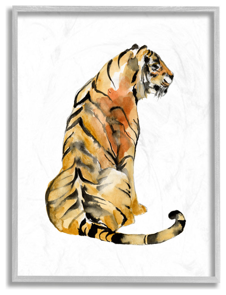 Tiger Posture Watercolor Animal Painting, 11"x14", Gray Frame