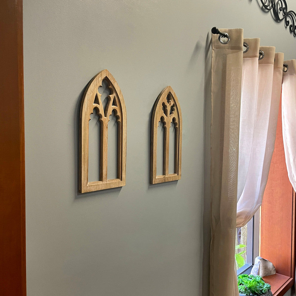 Whitewashed Wood Gothic Arch Window Frame Wall Decor 2 Piece Set