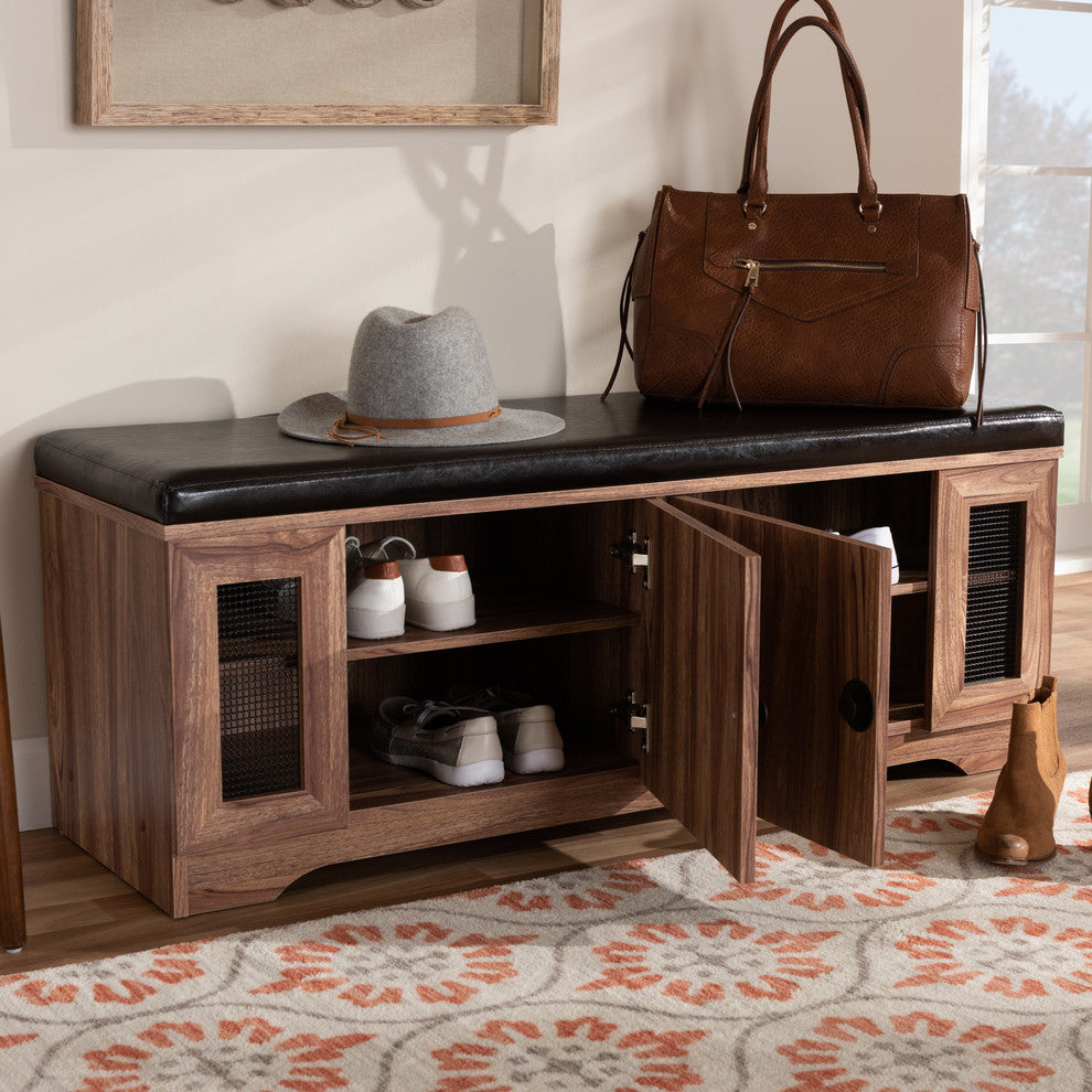 Valina Faux Leather Upholstered 2-Door Wood Shoe Storage Bench with Screen Inser