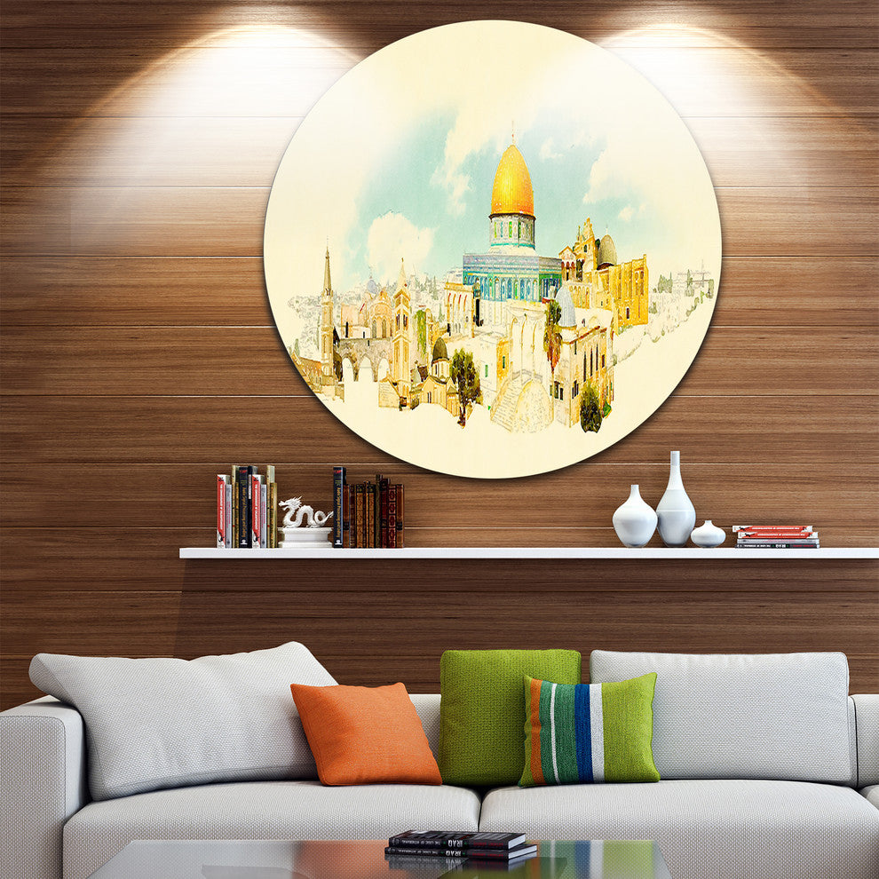 Jerusalem Panoramic View, Cityscape Watercolor Disc Metal Artwork, 36"