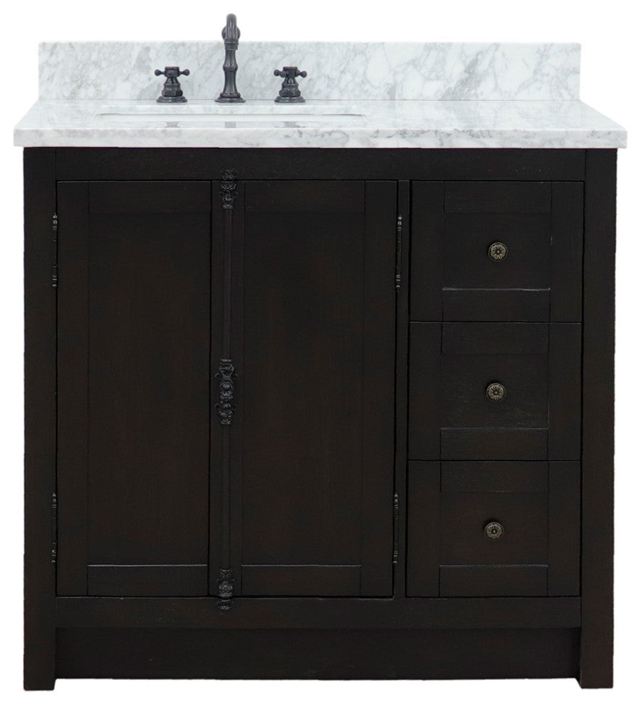 37" Vanity, Brown Ash With White Carrara Top, Left Doors/Left Rectangle Sink