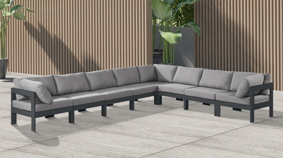 Nizuc Water Resistant Patio L-Shaped Modular Sectional, Gray, 8-Piece: 5 Armless Chair, 3 Corner Chair, Dark Gray Aluminum Frame