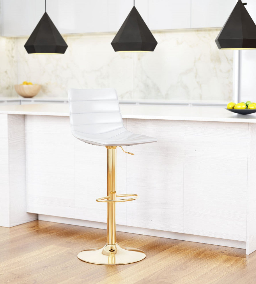 Bar Stool Chair Barstool, Steel Metal, Fabric, White, Gold, Kitchen Cafe Bistro