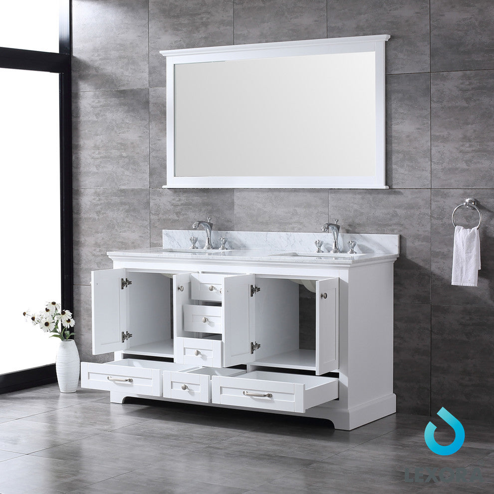 Dukes 60" Double Vanity Cabinet Carrara Marble Top Sinks, 58" Wall Mirror