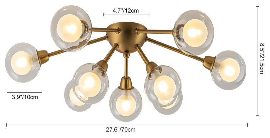 Mid-Century 9-Light Double Layer Glass Sputnik Semi Ceiling Light, Brass