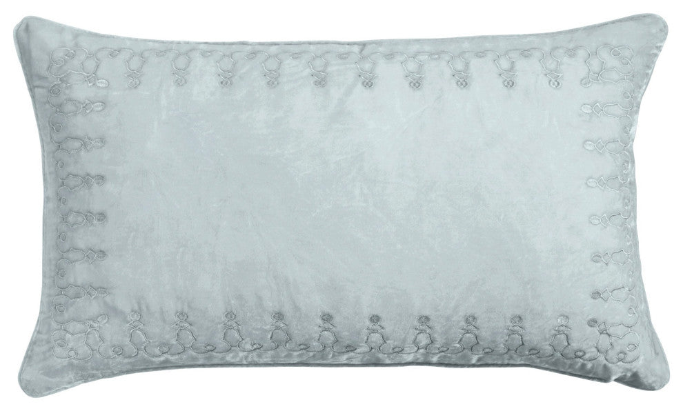 Stella Faux Silk Velvet Embroidered Lumbar Pillow, 14"x24", Icy Blue