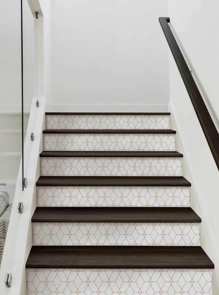 Hexagon Geometric Art Deco Lines Peel and Stick Stair Riser Strips, Off White, 48"w X 6"h, 6 Pack
