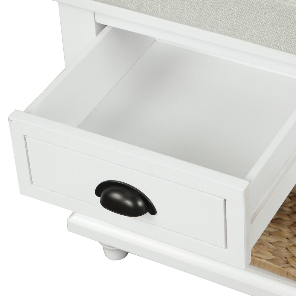 TATEUS 42" Rustic Storage Bench With 3 Drawers and 3 Rattan Baskets, White