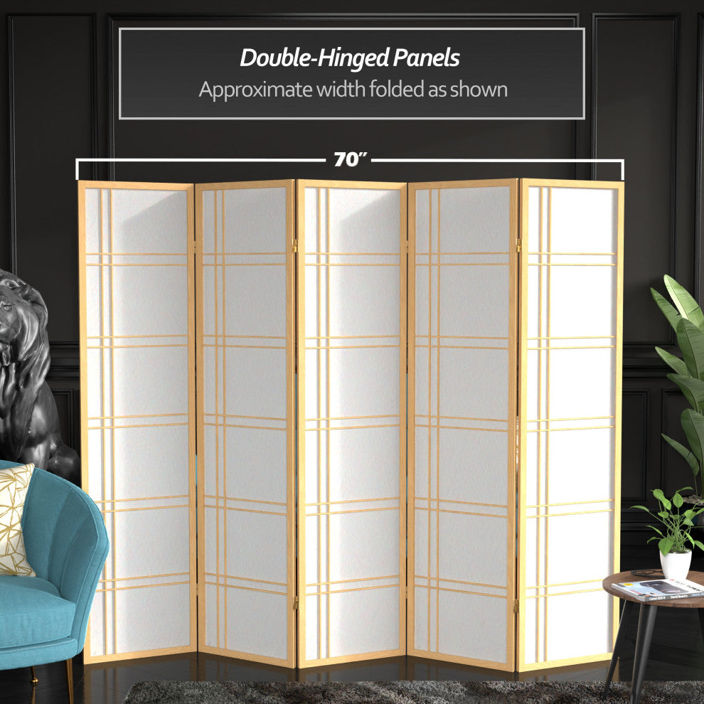 6' Tall Double Cross Shoji Screen, Natural, 5 Panels