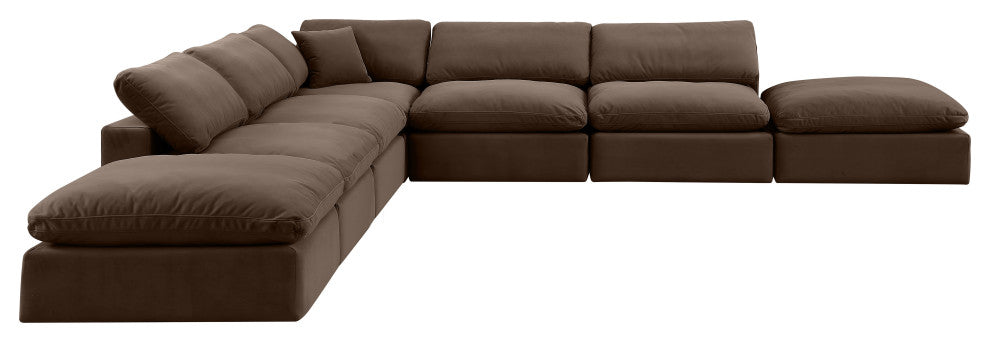 Comfy Upholstered L-Shaped Modular Sectional, Brown, 7-Piece: 4 Armless Chair, 1 Corner Chair, 2 Ottoman, Velvet