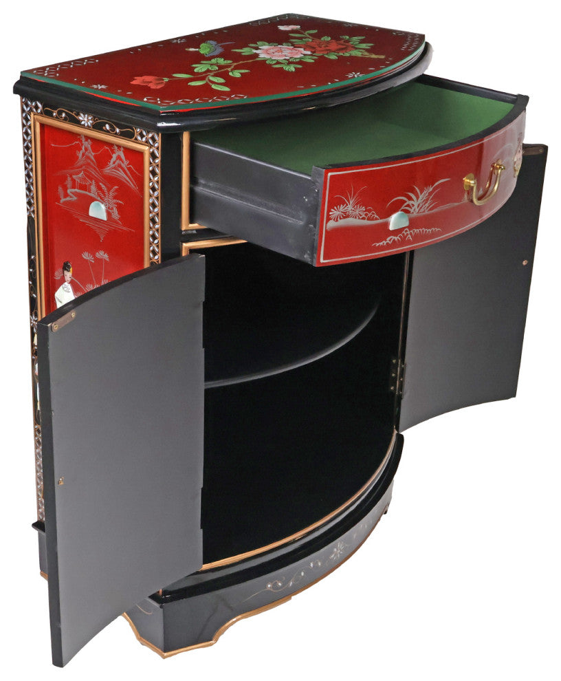 French Red Oriental Round Front Hall Cabinet