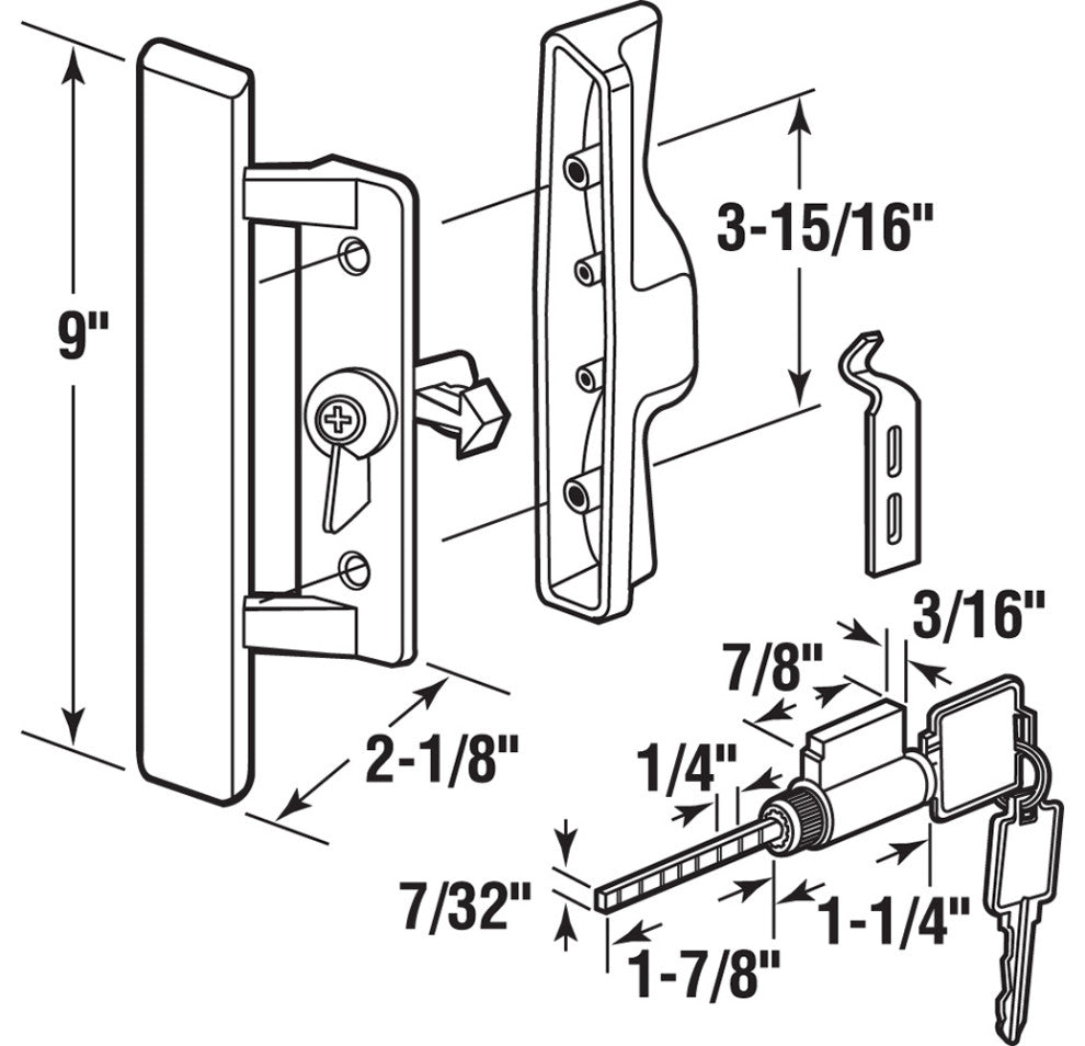 Diecast with Wood Handle, Gray, Patio Door Handle, Tee Lock, Keyed